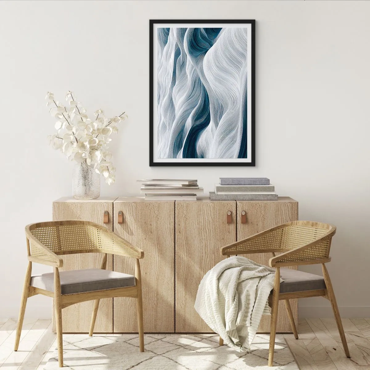 Poster in black frame - Abstract waves in shades of white and navy blue - 50x70cm - White and Blue Waves - Modern wall decoration for the living room and bedroom ARTTOR