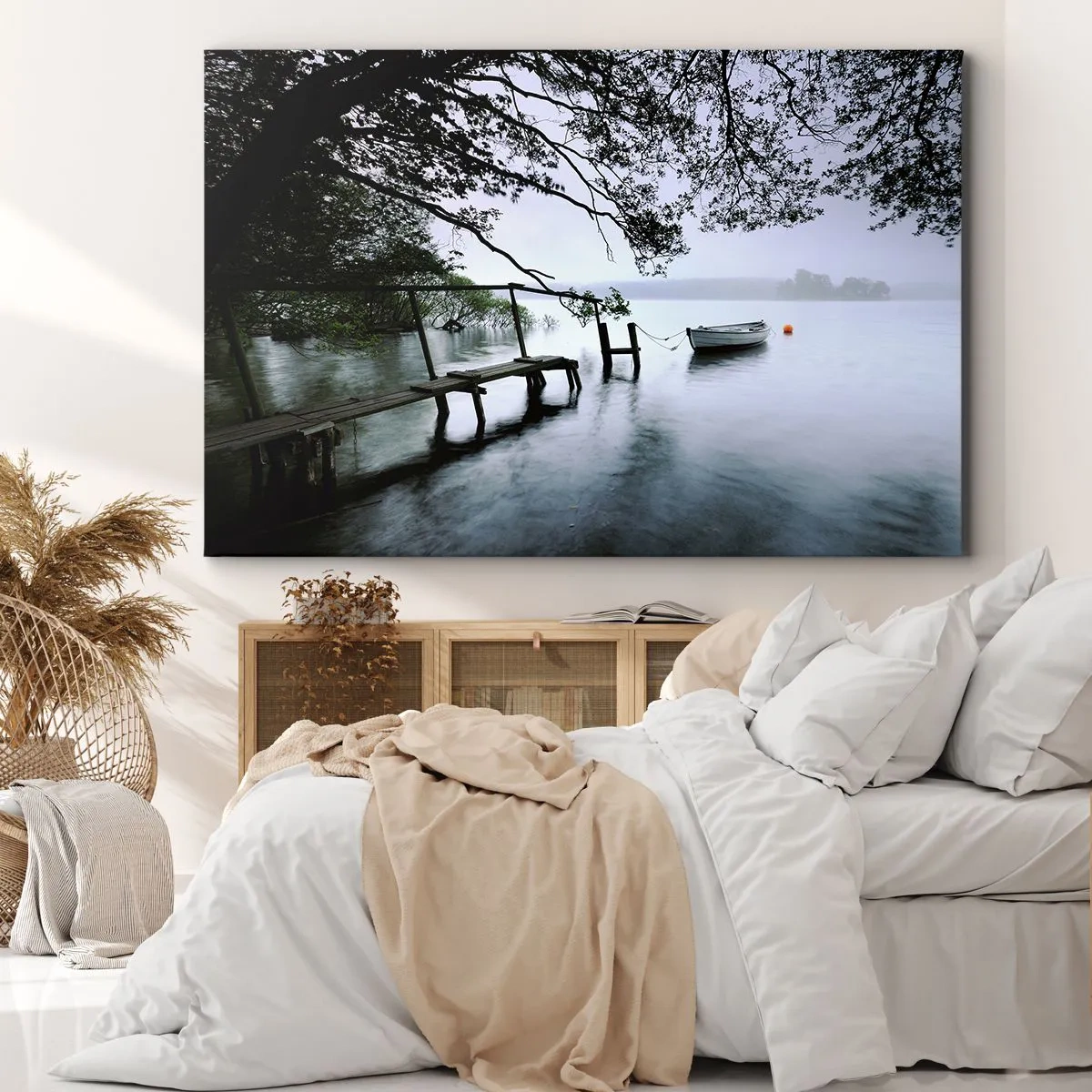 Canvas picture - A jetty over the water with a boat in the background surrounded by a misty landscape - 70x50cm - You Are Resting Now - Modern wall decoration for the living room and bedroom ARTTOR