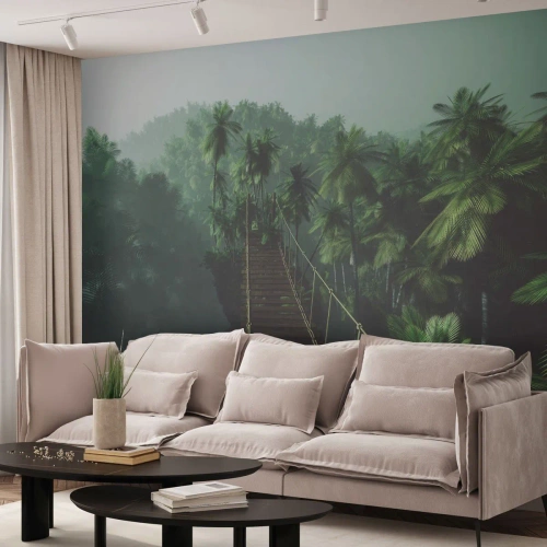Photo Wallpaper Standard Eco - A hanging bridge in a tropical jungle surrounded by fog. - 100x70cm - Hanging Bridge in the Green - Modern wall decoration for the living room and bedroom ARTTOR