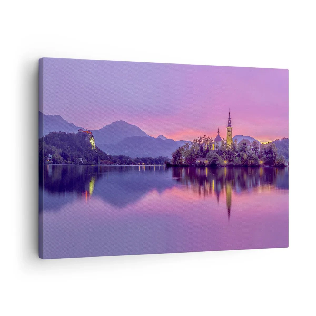 Canvas picture - Lake with an island and a church at sunset - 70x50cm - Fairytale Island by Dusk - Modern wall decoration for the living room and bedroom ARTTOR