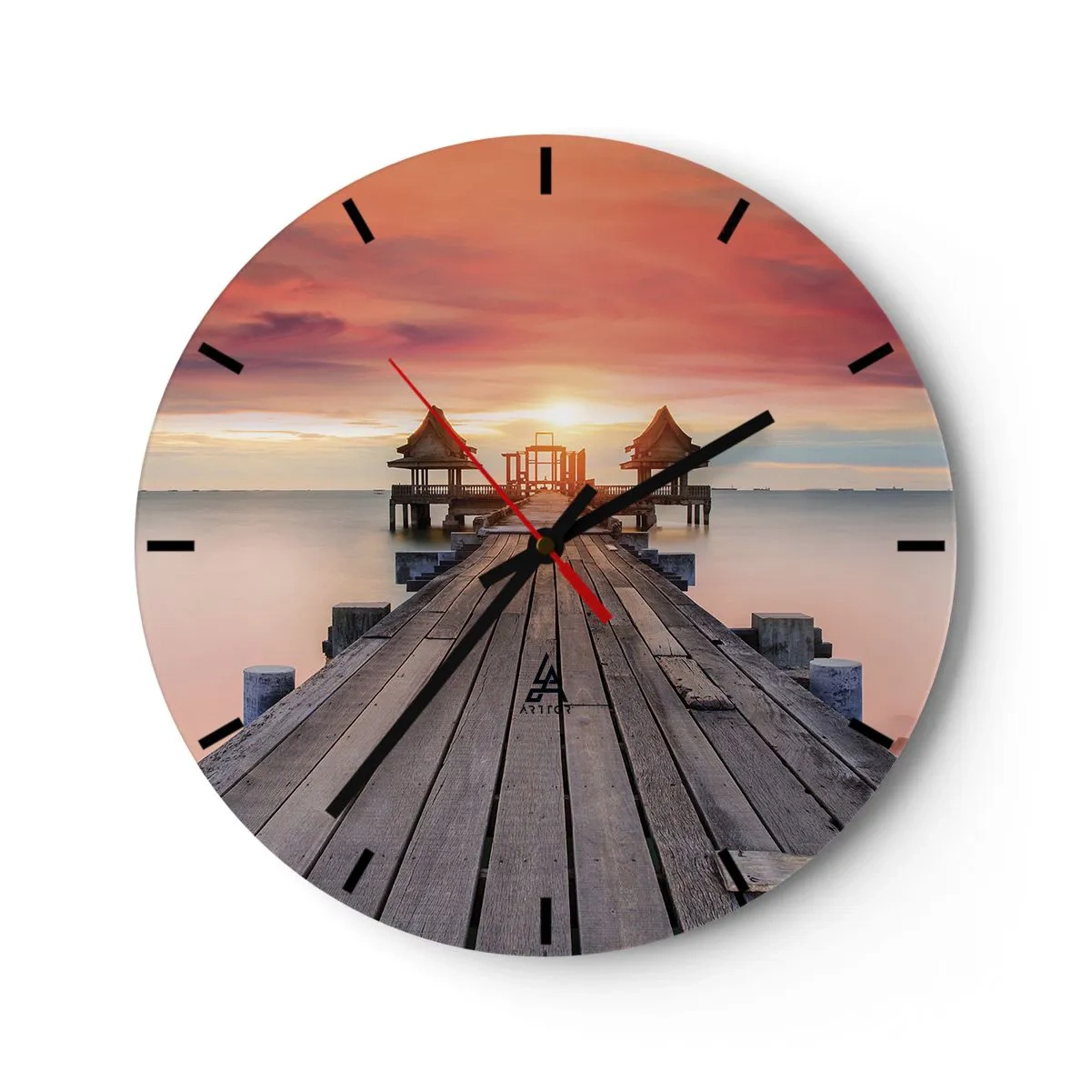 Wall clock - Clock on glass - Wooden pier leading to gazebos by the sea at sunset - 30x30cm - Sunset on the East - Modern wall decoration for the living room, kitchen, and bedroom ARTTOR