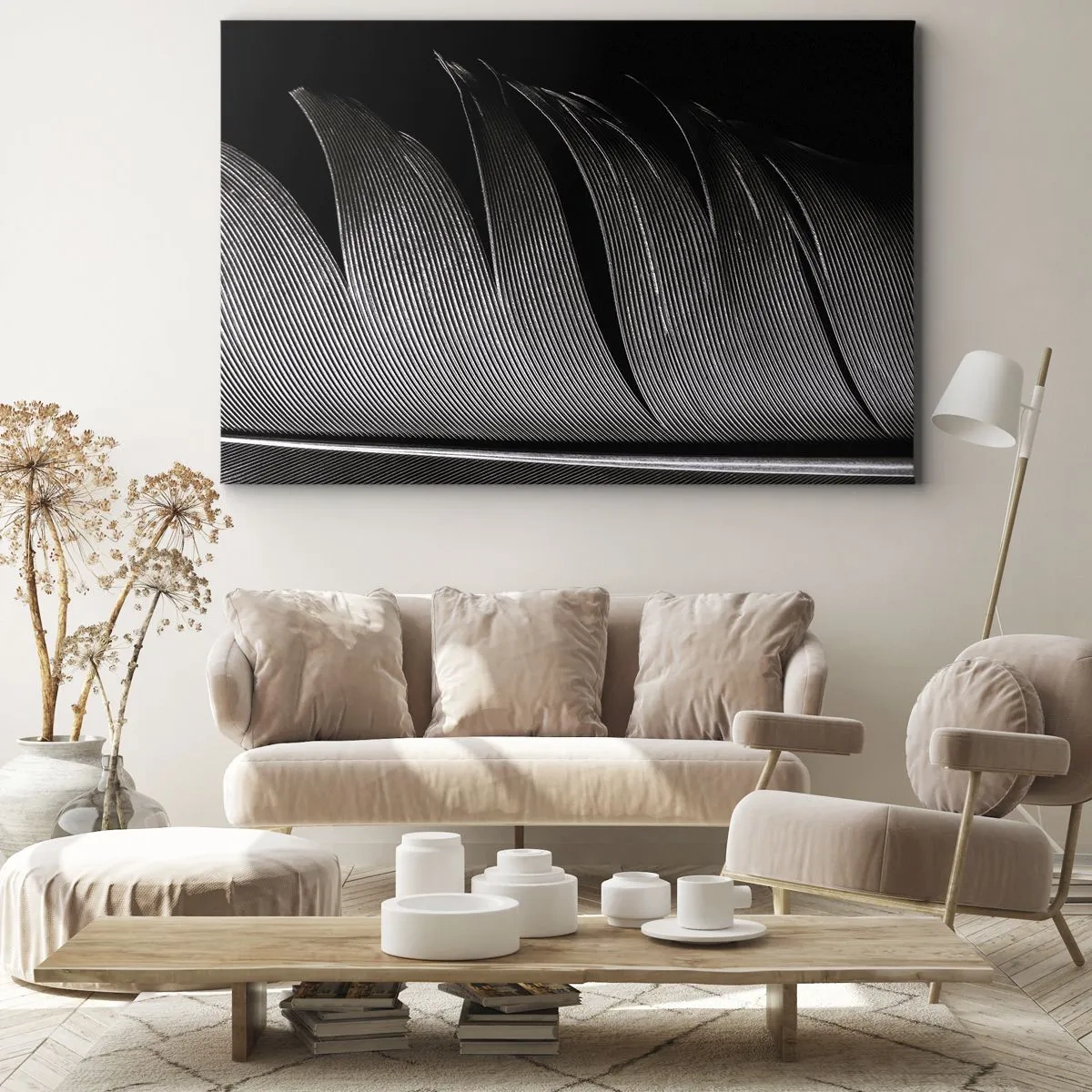 Canvas picture - Black and white feather texture in a minimalist style - 70x50cm - Feather - Wonderful Constract - Modern wall decoration for the living room and bedroom ARTTOR