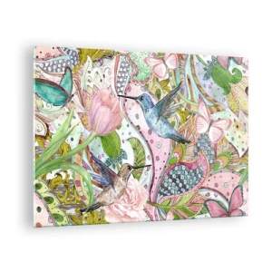 Glass picture - Colorful hummingbirds among flowers and butterflies - 70x50cm - Entwined in the Vines - Modern wall decoration for the living room and bedroom ARTTOR