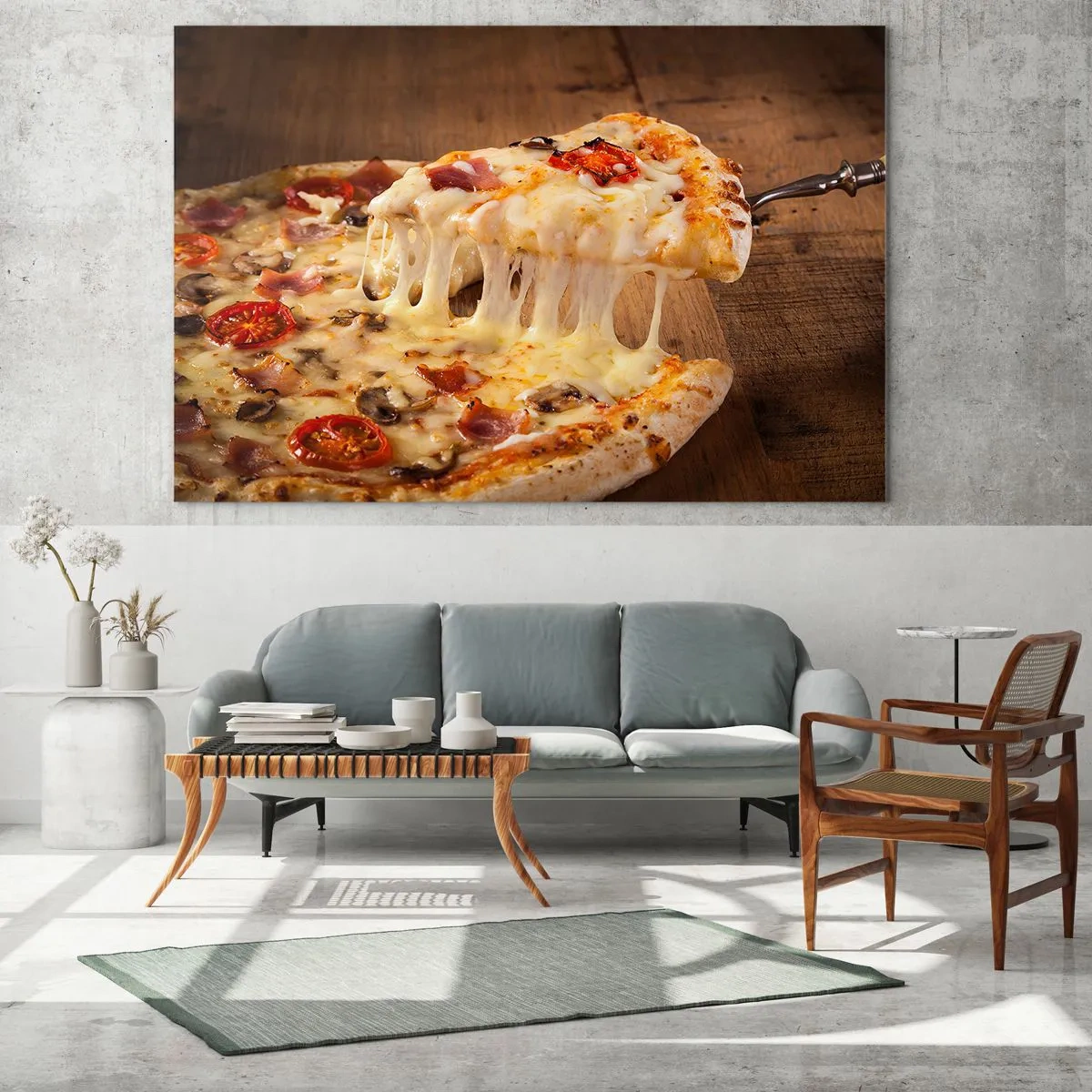 Glass picture - Pizza with stringy cheese, tomatoes and ham on a wooden background - 70x50cm - Masterpiece of Italian Art - Modern wall decoration for the living room and bedroom ARTTOR