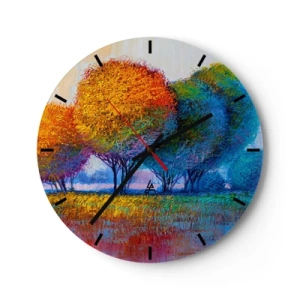 Wall clock - Clock on glass - A colorful landscape of trees with intense shades - 30x30cm - Cluster of Dashing Colours - Modern wall decoration for the living room, kitchen, and bedroom ARTTOR