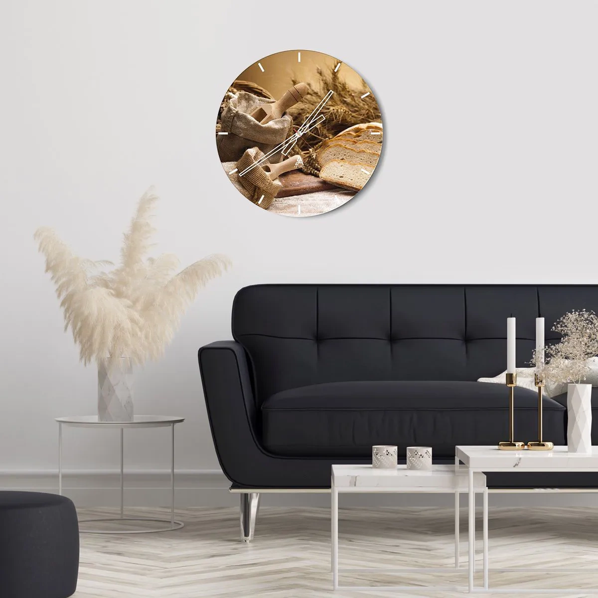 Wall clock - Clock on glass - A bag of flour, bread and ears of grain in a rustic style - 30x30cm - Already Sliced - Modern wall decoration for the living room, kitchen, and bedroom ARTTOR