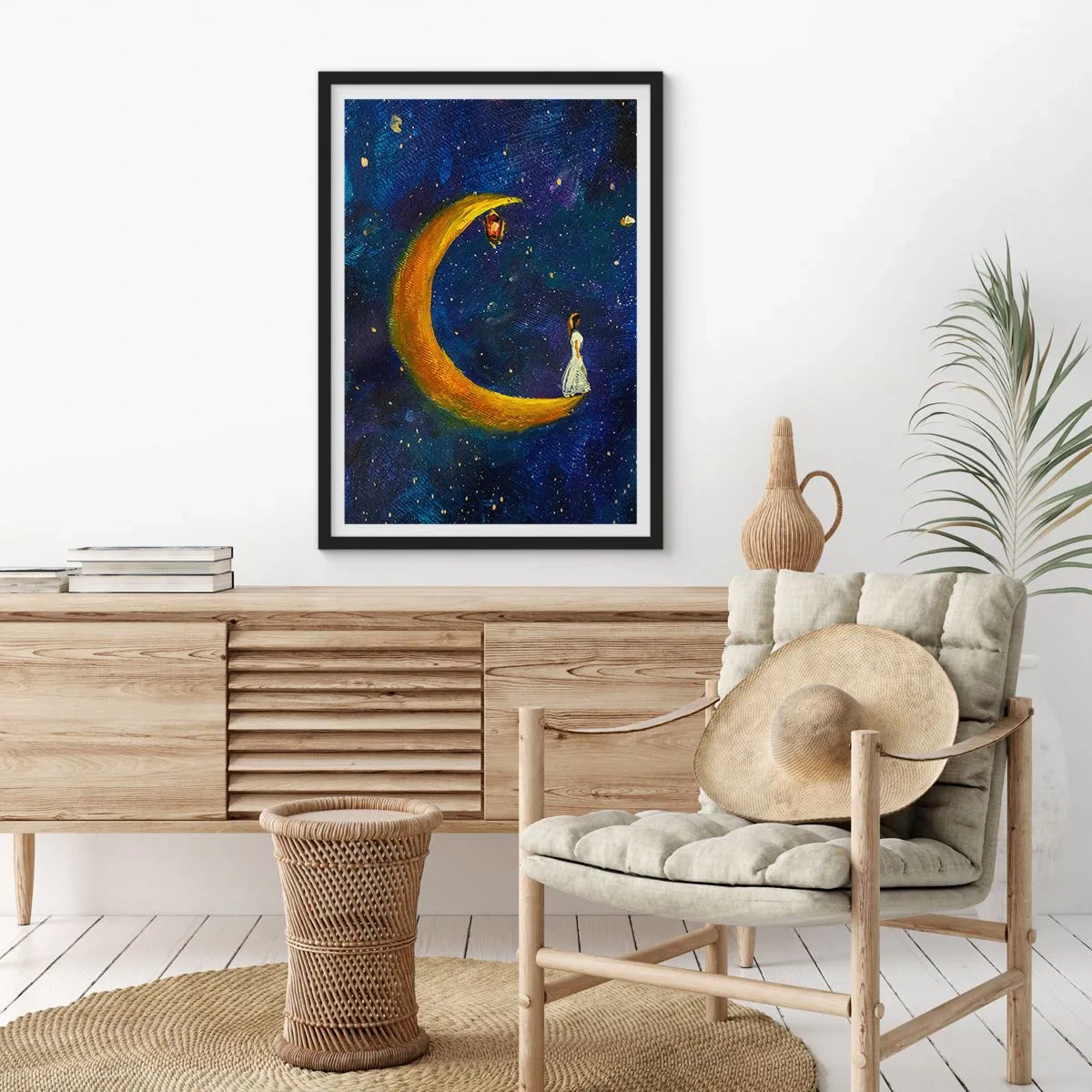 Poster in black frame - A figure on a golden moon against a night sky with stars - 50x70cm - Calling of the World - Modern wall decoration for the living room and bedroom ARTTOR