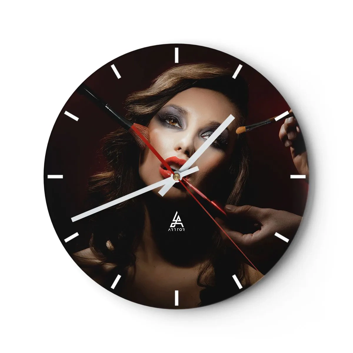 Wall clock - Clock on glass - Portrait of a woman getting her makeup done - 30x30cm - Beautiful and Dreamy - Modern wall decoration for the living room, kitchen, and bedroom ARTTOR