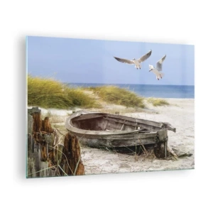 Glass picture - Wooden boat on the beach with seagulls in flight - 70x50cm - Bathed in the Sun - Modern wall decoration for the living room and bedroom ARTTOR