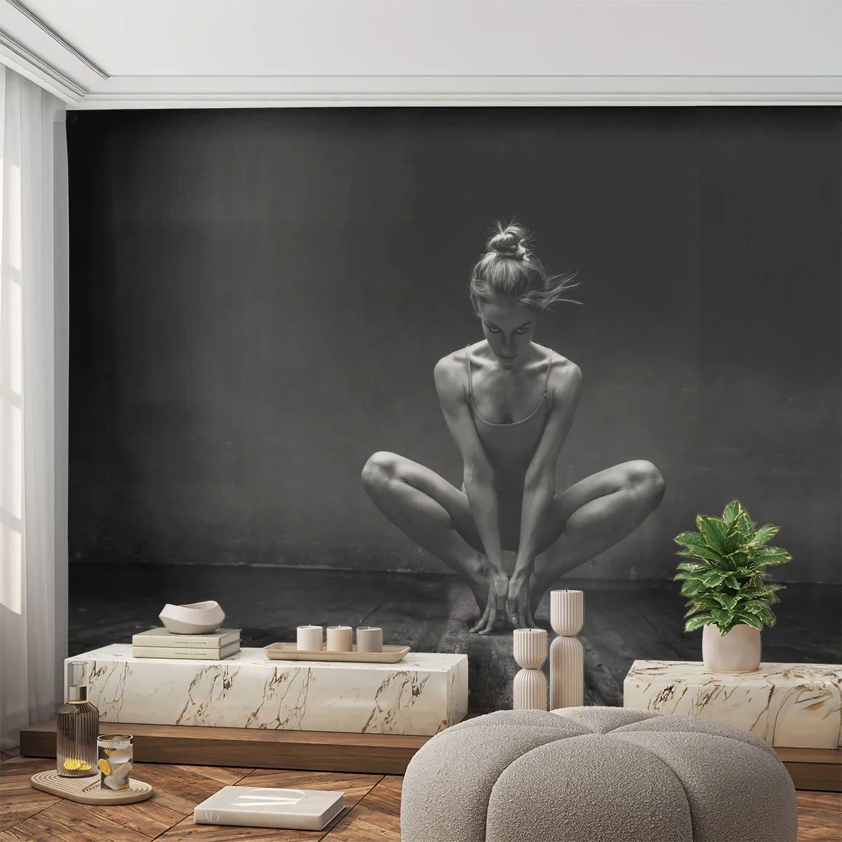 Self-Adhesive Photo Wallpaper Deluxe Sticker - Concentration of Dancing Energy - Dancer, Woman, Black and white - 250x175 cm