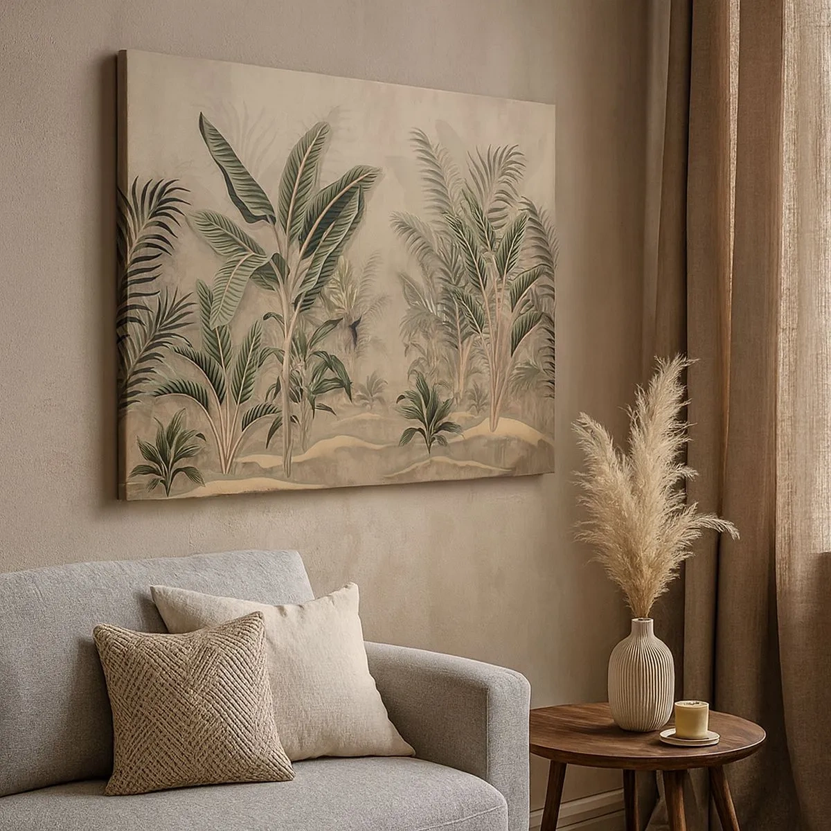 Canvas picture - Palm trees and tropical vegetation in shades of green on a beige background - 70x50cm - Engraving in Colonial Style - Modern wall decoration for the living room and bedroom ARTTOR