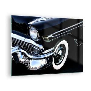 Glass picture - Close-up of a vintage black car with chrome details - 70x50cm - Classics in Silver, Black and White - Modern wall decoration for the living room and bedroom ARTTOR