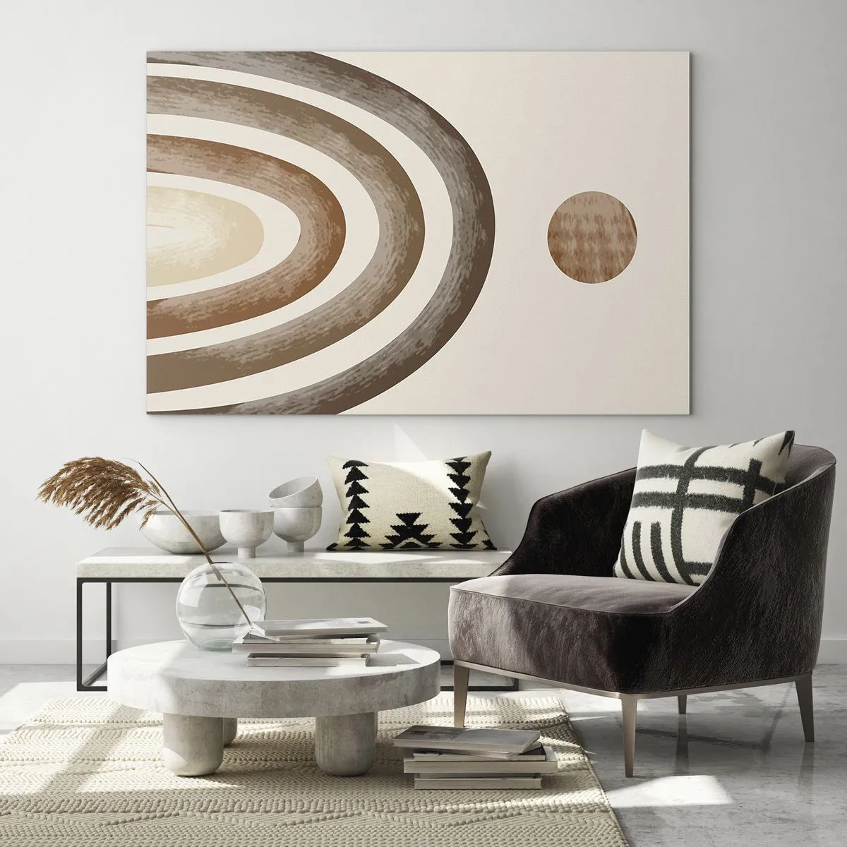 Glass picture - Abstract stripes and circles in shades of brown - 70x50cm - In a Distant Galaxy - Modern wall decoration for the living room and bedroom ARTTOR