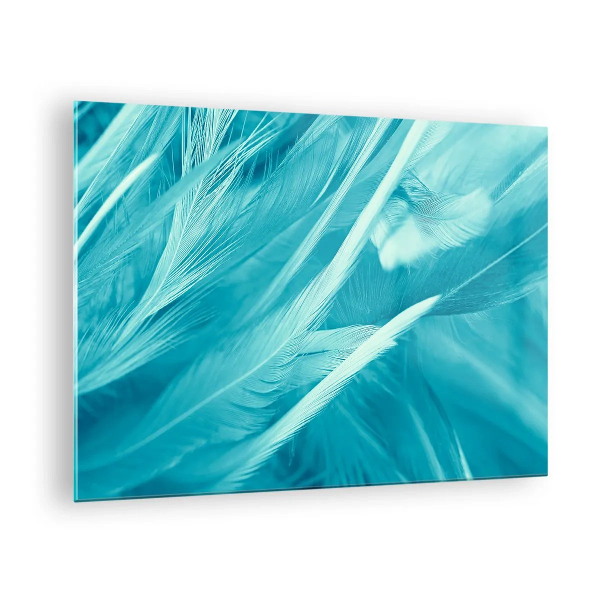 Glass picture - Turquoise feathers in a delicate close-up - 70x50cm - Drowning in Feathers - Modern wall decoration for the living room and bedroom ARTTOR