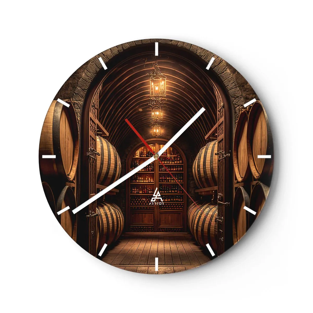 Wall clock - Clock on glass - Wooden barrels in a lit wine cellar - 30x30cm - Atmospheric Cellar - Modern wall decoration for the living room, kitchen, and bedroom ARTTOR
