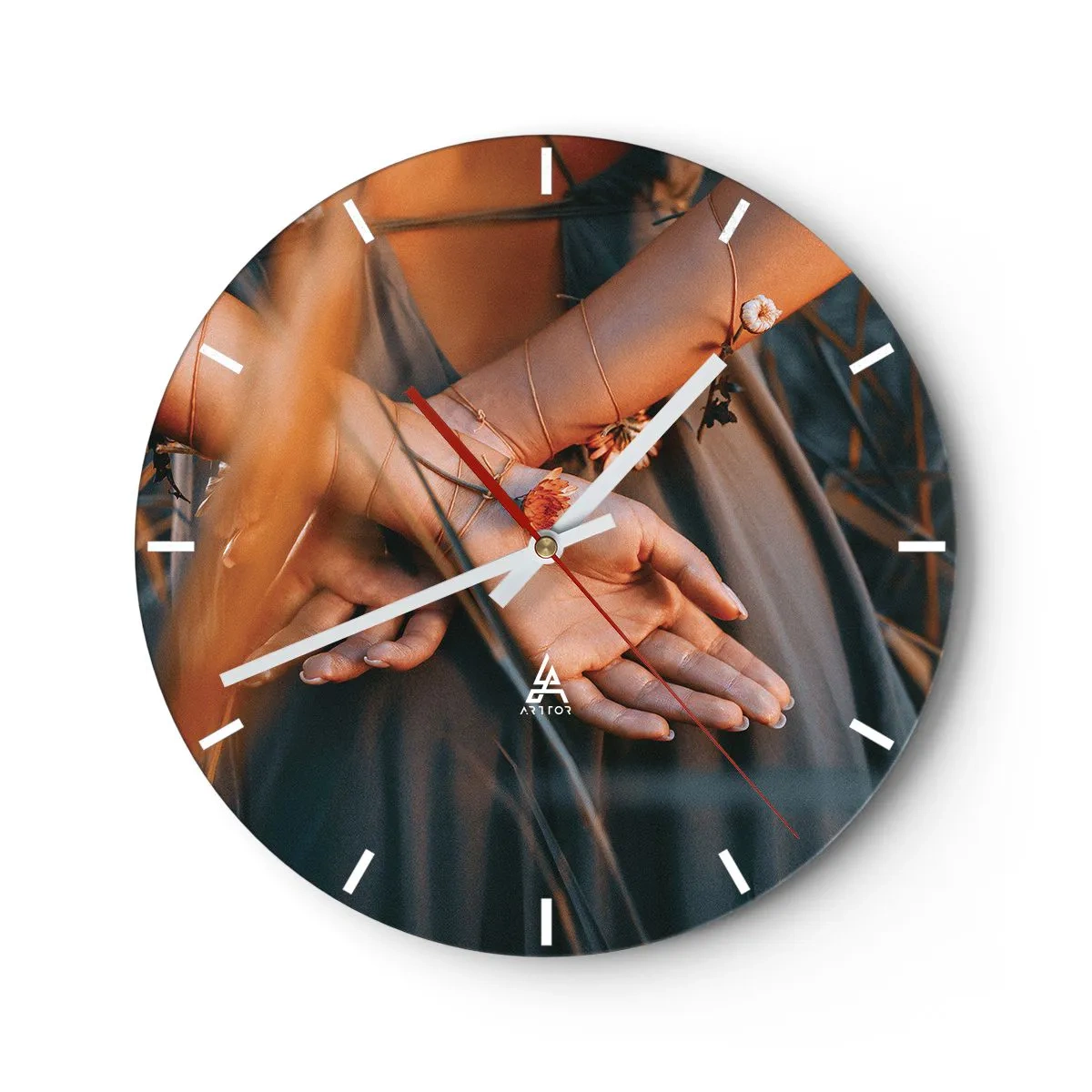 Wall clock - Clock on glass - Close-up of clasped hands entwined with plants - 30x30cm - Connected with Nature - Modern wall decoration for the living room, kitchen, and bedroom ARTTOR
