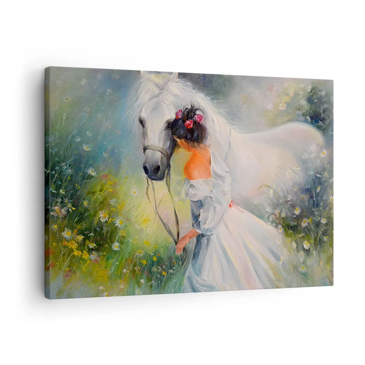Canvas picture - A woman with a white horse in a picturesque setting - 70x50cm - Like from a Beautiful Dream - Modern wall decoration for the living room and bedroom ARTTOR