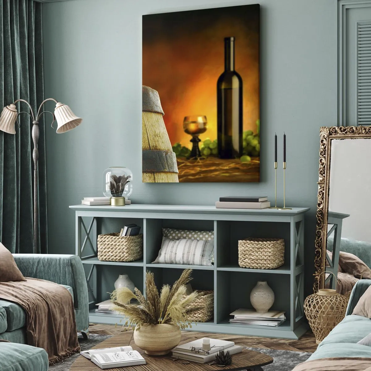 Canvas picture - Still Life with a Bottle of Wine and a Bunch of Grapes - 80x120 cm
