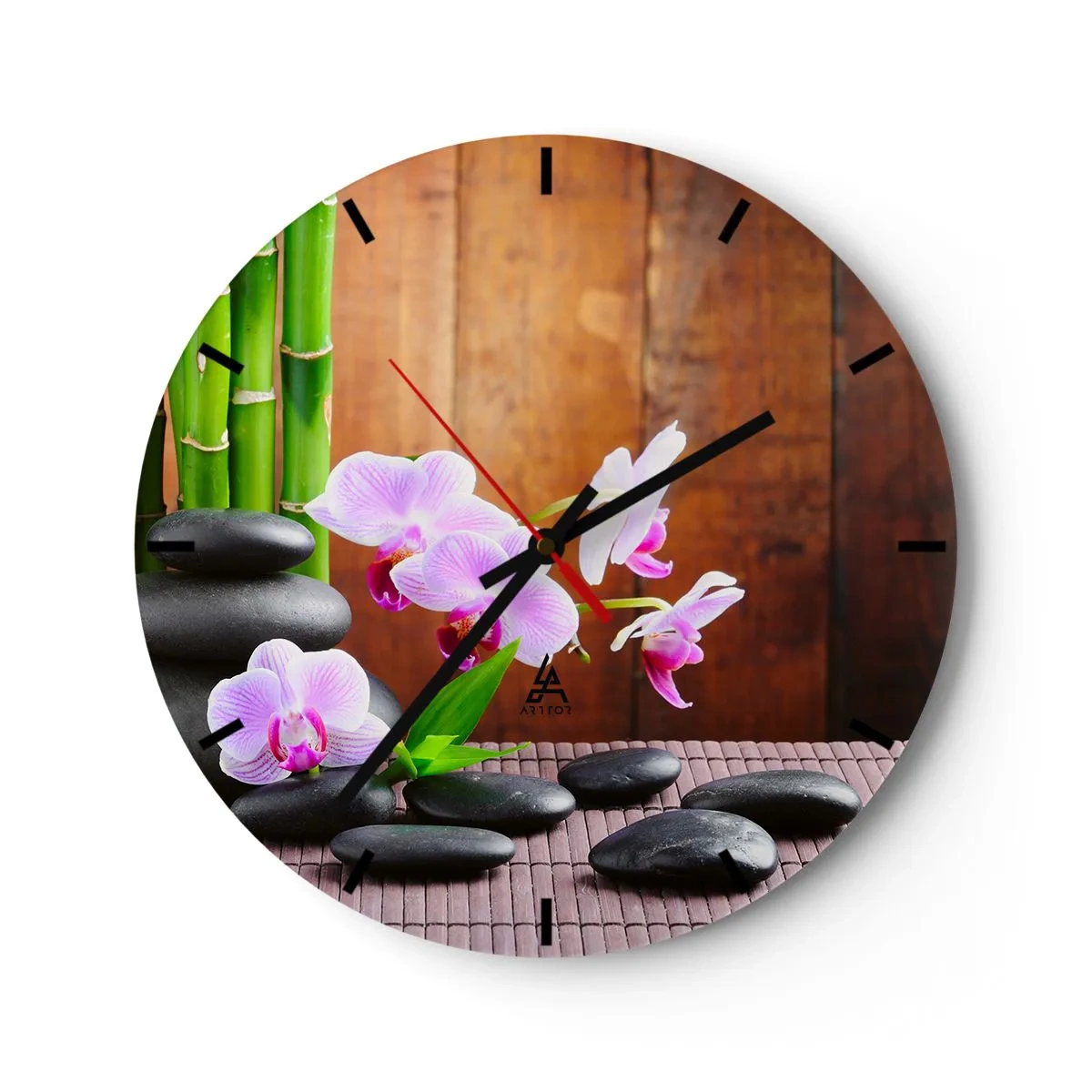 Wall clock - Clock on glass - Purple orchids with bamboo and stones - 30x30cm - Get to Know Pleasures of the East - Modern wall decoration for the living room, kitchen, and bedroom ARTTOR