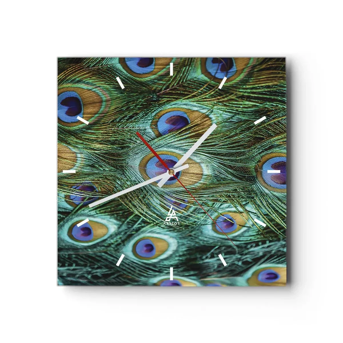 Wall clock - Clock on glass - Peacock Eyes - 30x30 cm