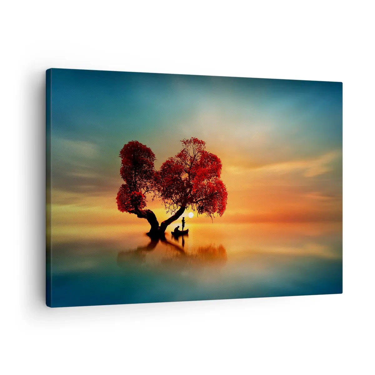 Canvas picture - A red-leafed tree and a boat on the water at sunset - 70x50cm - Far Away and Lost to the World - Modern wall decoration for the living room and bedroom ARTTOR
