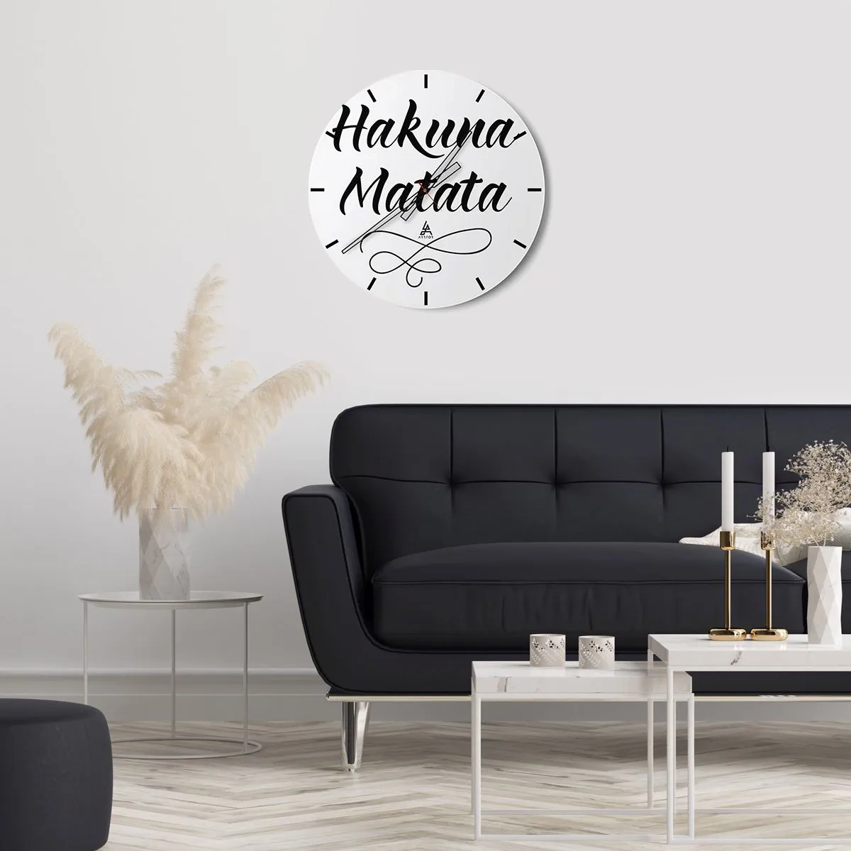 Wall clock - Clock on glass - Black Hakuna Matata lettering on a white background - 30x30cm - Best Advice - Modern wall decoration for the living room, kitchen, and bedroom ARTTOR