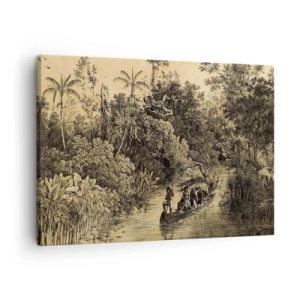 Canvas picture - Drawing of a jungle with a boat on a river - 70x50cm - Journey to the Spring - Modern wall decoration for the living room and bedroom ARTTOR