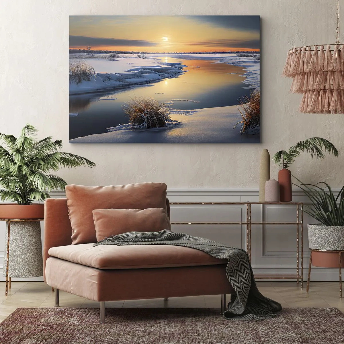 Canvas picture - Winter landscape with a river at sunset - 70x50cm - Winter Sunset - Modern wall decoration for the living room and bedroom ARTTOR