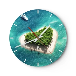 Wall clock - Clock on glass - A heart-shaped island against the backdrop of a turquoise sea - 30x30cm - I Love Summer - Modern wall decoration for the living room, kitchen, and bedroom ARTTOR