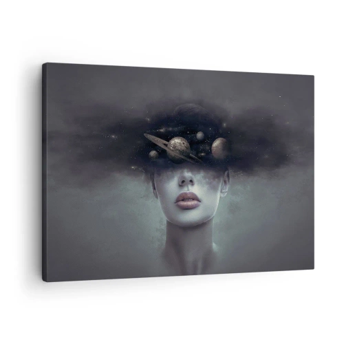 Canvas picture - A woman's face with a planet and space motif in the background - 70x50cm - And Planets are Revolving… - Modern wall decoration for the living room and bedroom ARTTOR