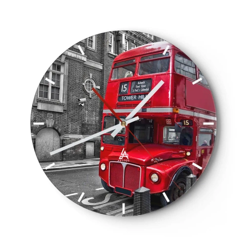 Wall clock - Clock on glass - A red London bus against a backdrop of historic buildings - 30x30cm - Always the Same - Modern wall decoration for the living room, kitchen, and bedroom ARTTOR