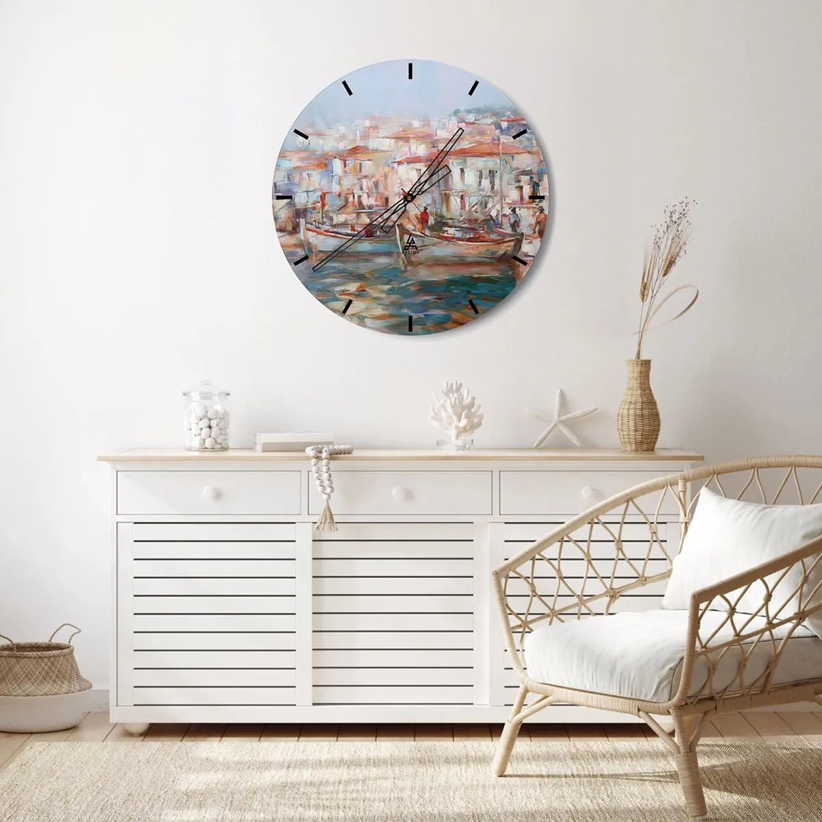 Wall clock - Clock on glass - A pastel port with boats against the backdrop of picturesque buildings - 30x30cm - Holidays in Pastel - Modern wall decoration for the living room, kitchen, and bedroom ARTTOR