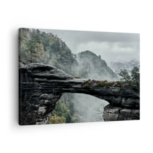 Canvas picture - A stone arch surrounded by misty mountains and forest - 70x50cm - Adventure Is About to Start - Modern wall decoration for the living room and bedroom ARTTOR