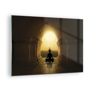 Glass picture - Silhouette of a meditating person in the light of the setting sun in an architectural arch - 70x50cm - Full Harmony - Modern wall decoration for the living room and bedroom ARTTOR