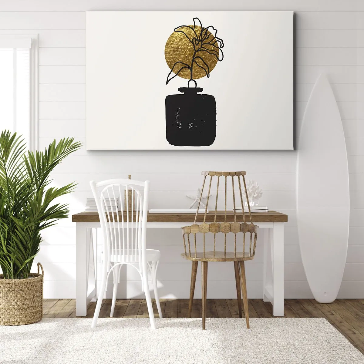 Canvas picture - A drawing of a flower in a vase against a golden circle background - 70x50cm - Beauty Precious as Gold - Modern wall decoration for the living room and bedroom ARTTOR