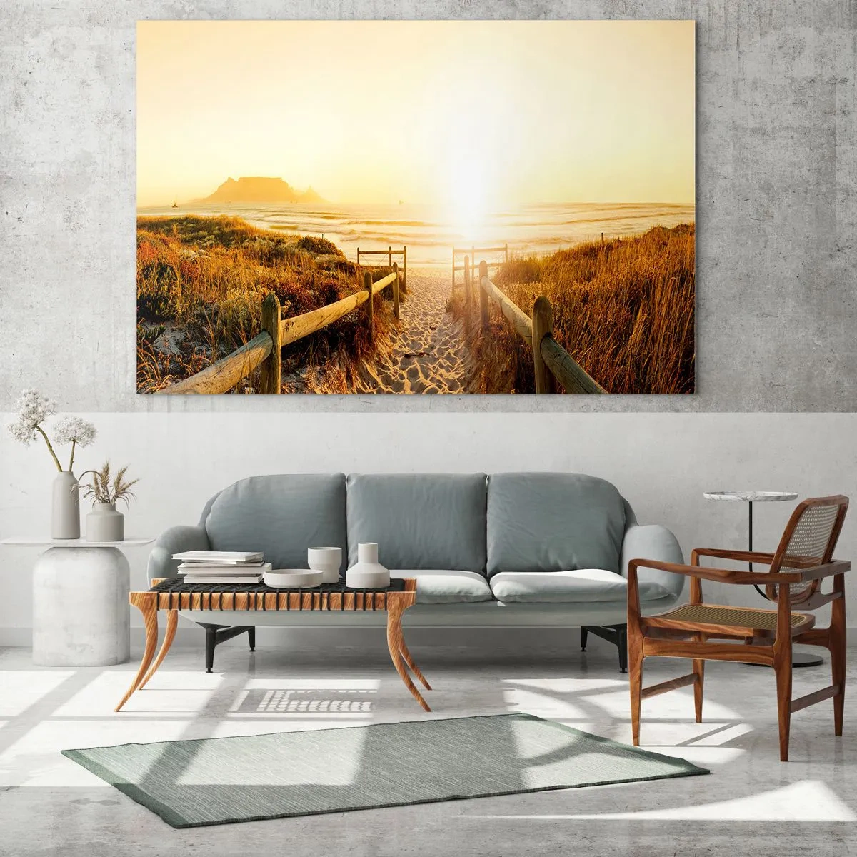 Glass picture - Path over the dune leading to the beach at sunset - 70x50cm - Through the Dune, Towards the Sun - Modern wall decoration for the living room and bedroom ARTTOR