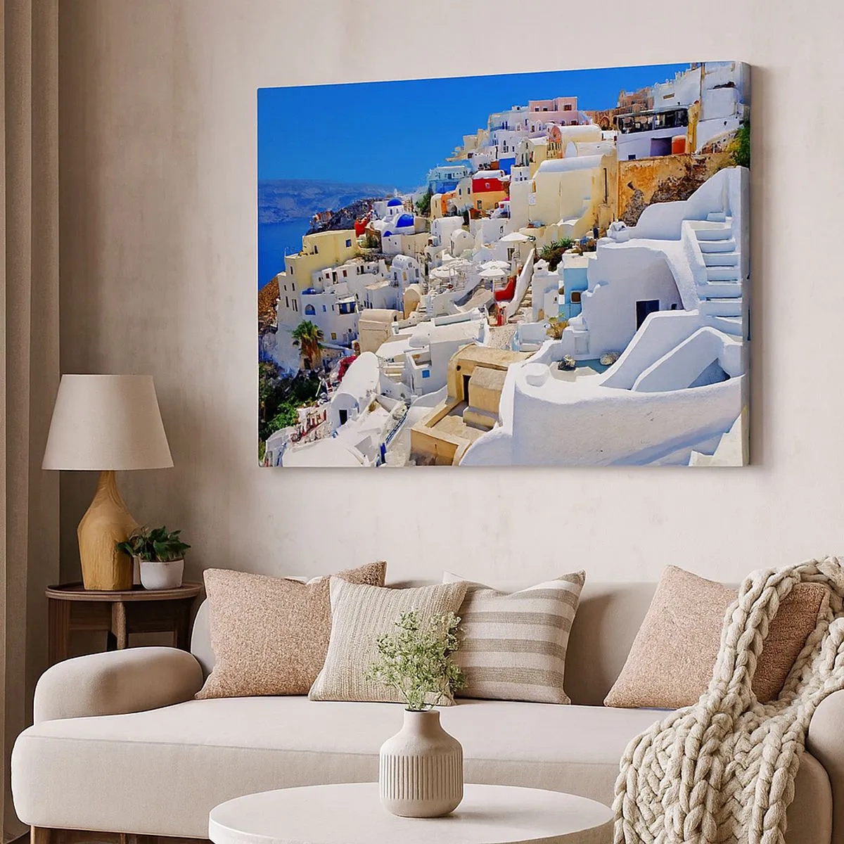 Canvas picture - Panorama of Santorini with white houses and blue sky - 70x50cm - Draming of a Greek Summer - Modern wall decoration for the living room and bedroom ARTTOR
