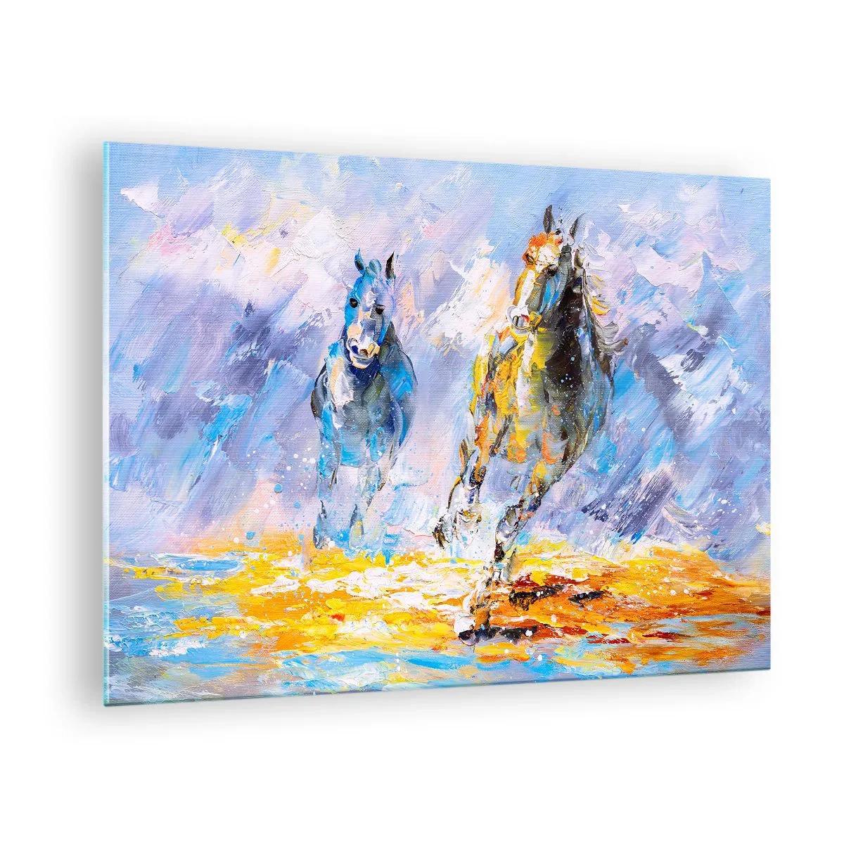 Glass picture - Two horses galloping through water in an artistic style - 70x50cm - Galloping through Light - Modern wall decoration for the living room and bedroom ARTTOR