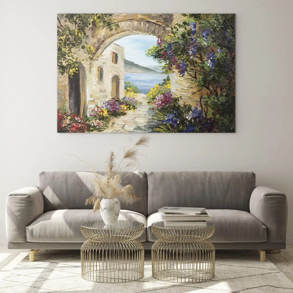 Glass picture - A picturesque street with a view of the lake - 70x50cm - Charm of a Sea Province - Modern wall decoration for the living room and bedroom ARTTOR