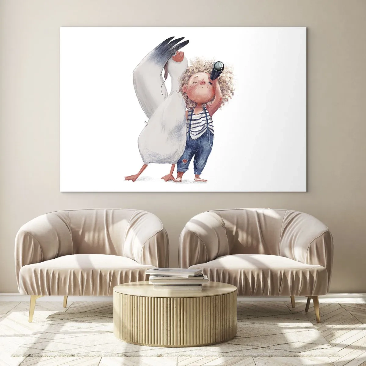 Glass picture - Baby with binoculars and stork in a funny illustration style - 70x50cm - Plan of a Great Journey - Modern wall decoration for the living room and bedroom ARTTOR