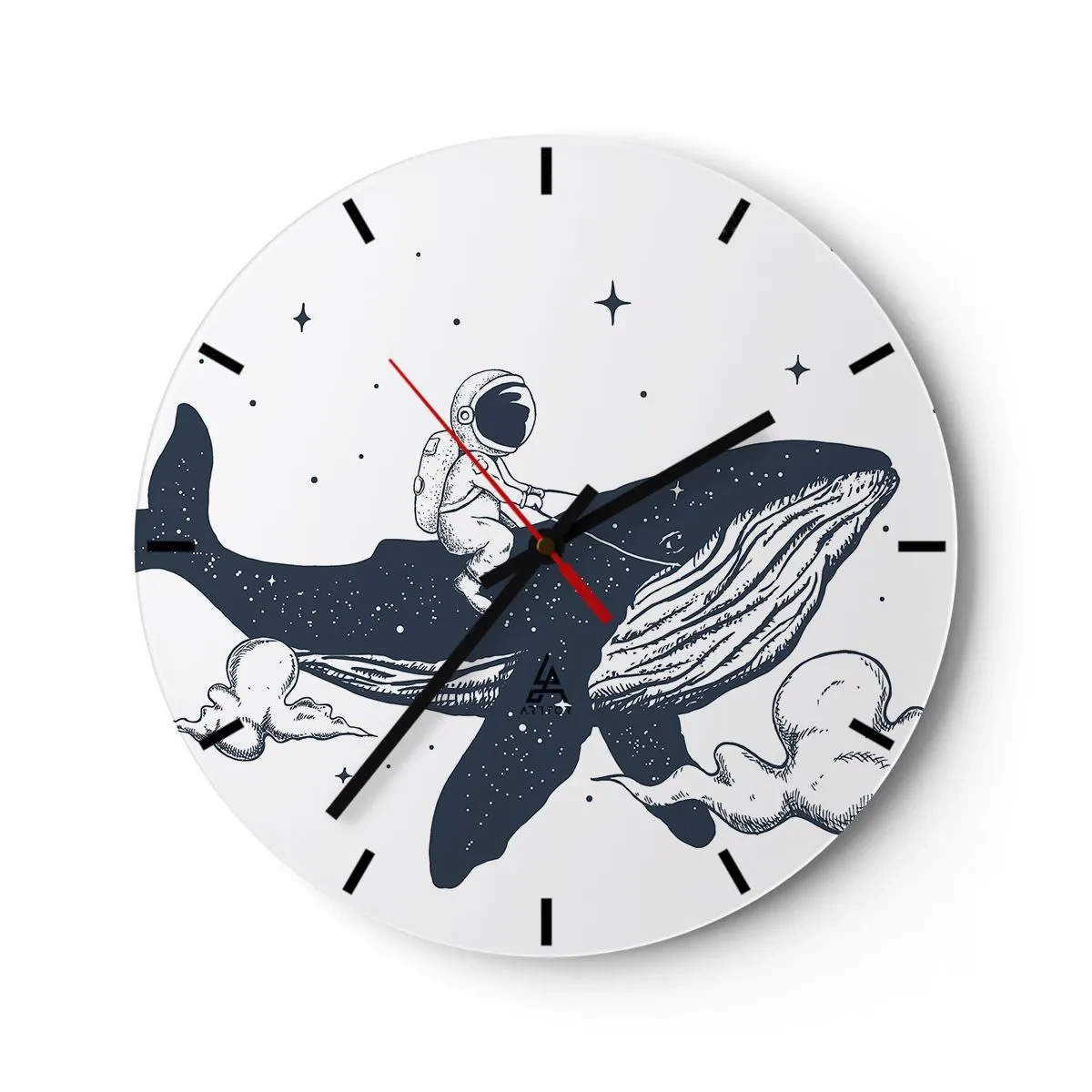 Wall clock - Clock on glass - Astronaut riding a whale in space - 30x30cm - Space Adventure - Modern wall decoration for the living room, kitchen, and bedroom ARTTOR