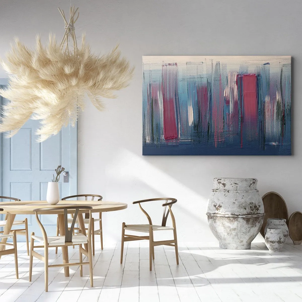Canvas picture - Abstract vertical forms in shades of blue and red - 70x50cm - Vertical Composition In Blue And Red - Modern wall decoration for the living room and bedroom ARTTOR