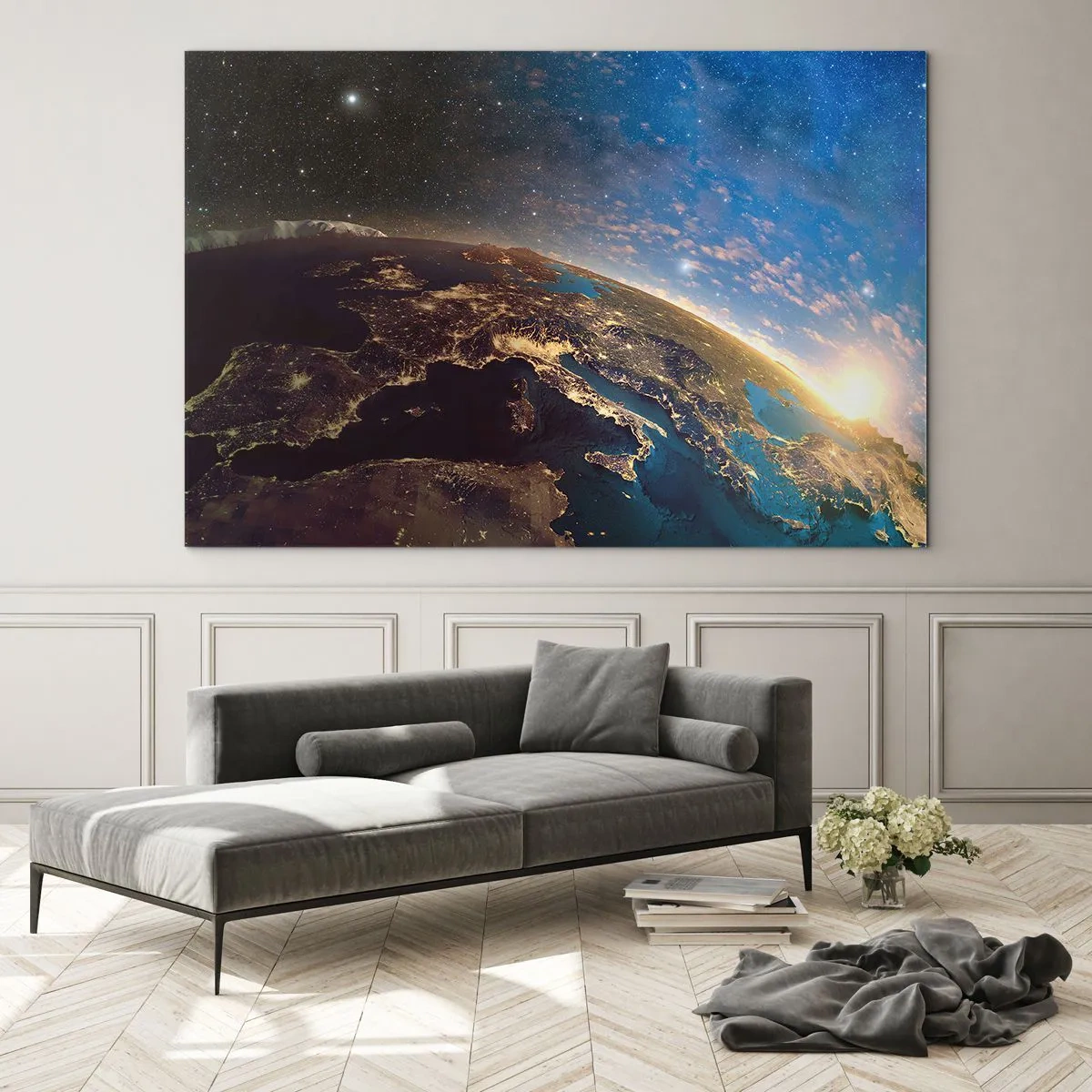 Glass picture - A view of Earth from space with the sunrise visible - 70x50cm - Let's Look at Each Other from a Distance - Modern wall decoration for the living room and bedroom ARTTOR