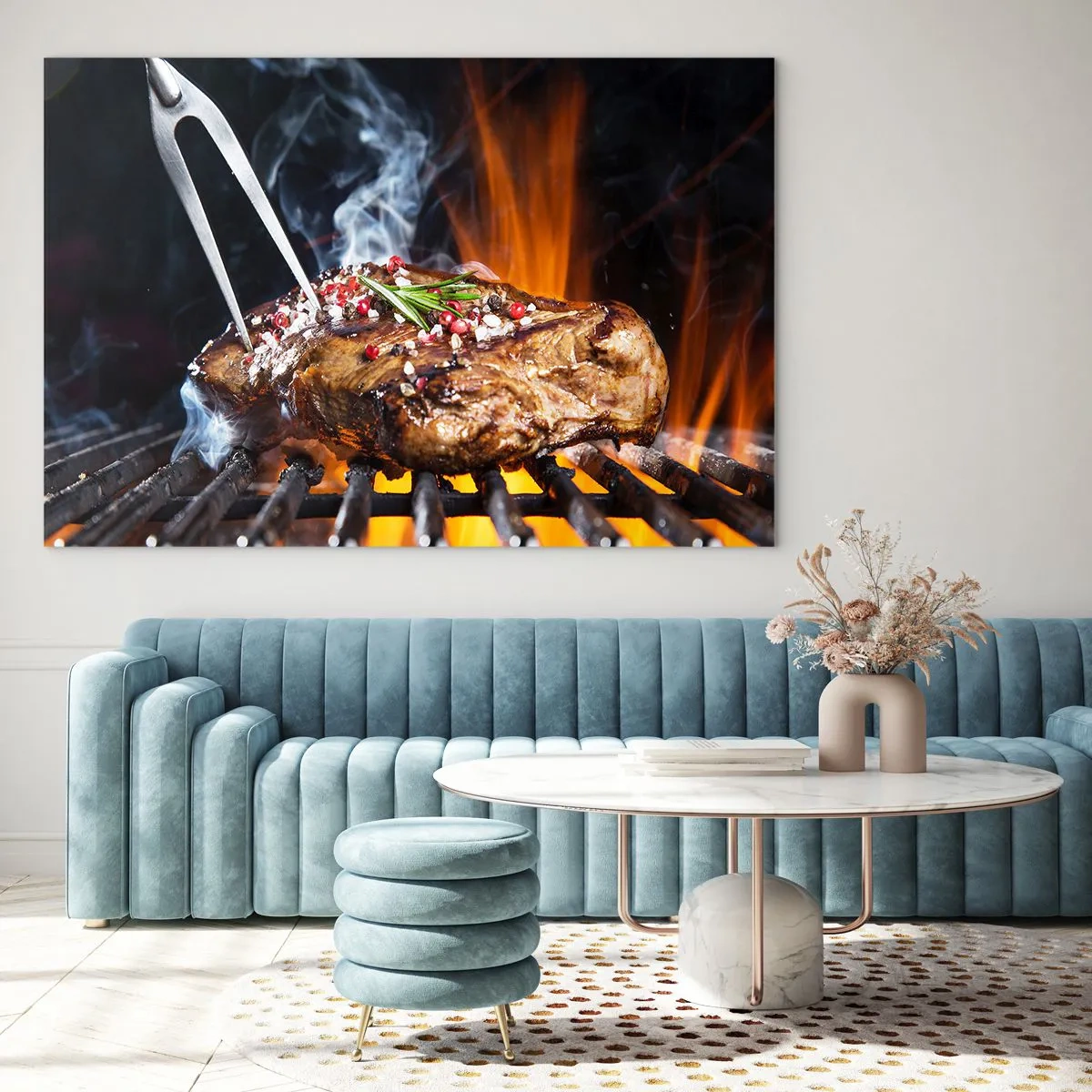 Glass picture - Grilled steak with spices on the grill - 70x50cm - Juicy and Fragrant - Modern wall decoration for the living room and bedroom ARTTOR