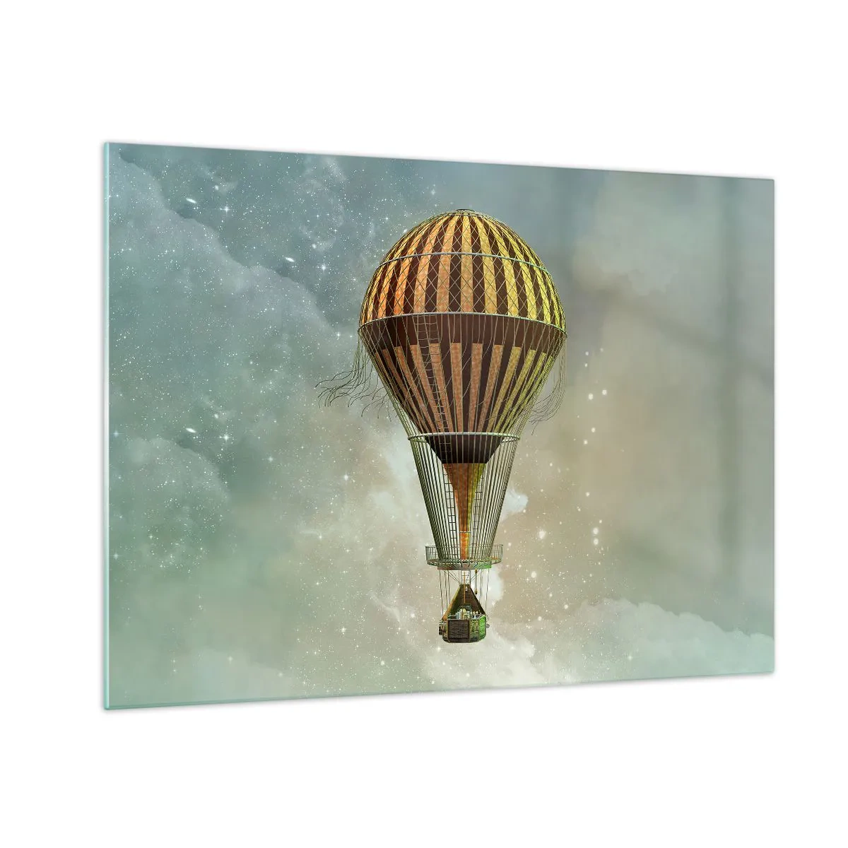 Glass picture - A stylized balloon against the background of a starry sky and clouds. - 70x50cm - Pioneer Flight - Modern wall decoration for the living room and bedroom ARTTOR
