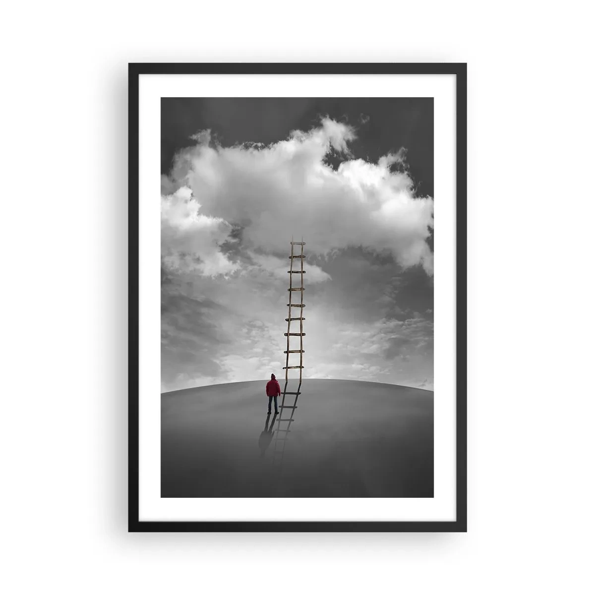Poster in black frame - A man standing by a ladder leading to the clouds - 50x70cm - Everything Is Poissible - Modern wall decoration for the living room and bedroom ARTTOR
