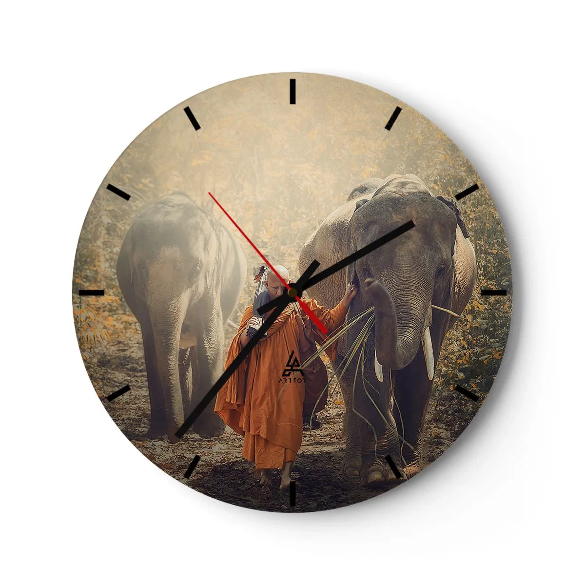 Wall clock - Clock on glass - A monk with two elephants in an autumn forest - 30x30cm - Full Understanding - Modern wall decoration for the living room, kitchen, and bedroom ARTTOR