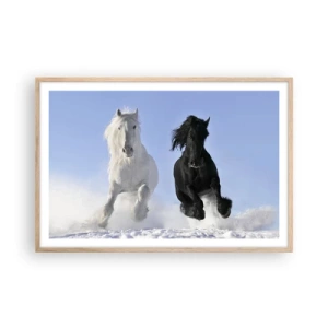 Poster in light oak frame - Black and White Gallop - 91x61 cm