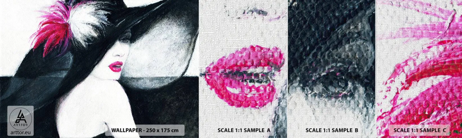 Photo Wallpaper Sample Premium Canvas - Always a Secret - Woman In A Hat, Woman's Face, Red lips - 100x30 cm