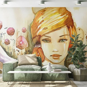 Custom Wallpaper Standard Eco - Emerald Gaze, which Silences Anger - Woman, Meadow, Fashion